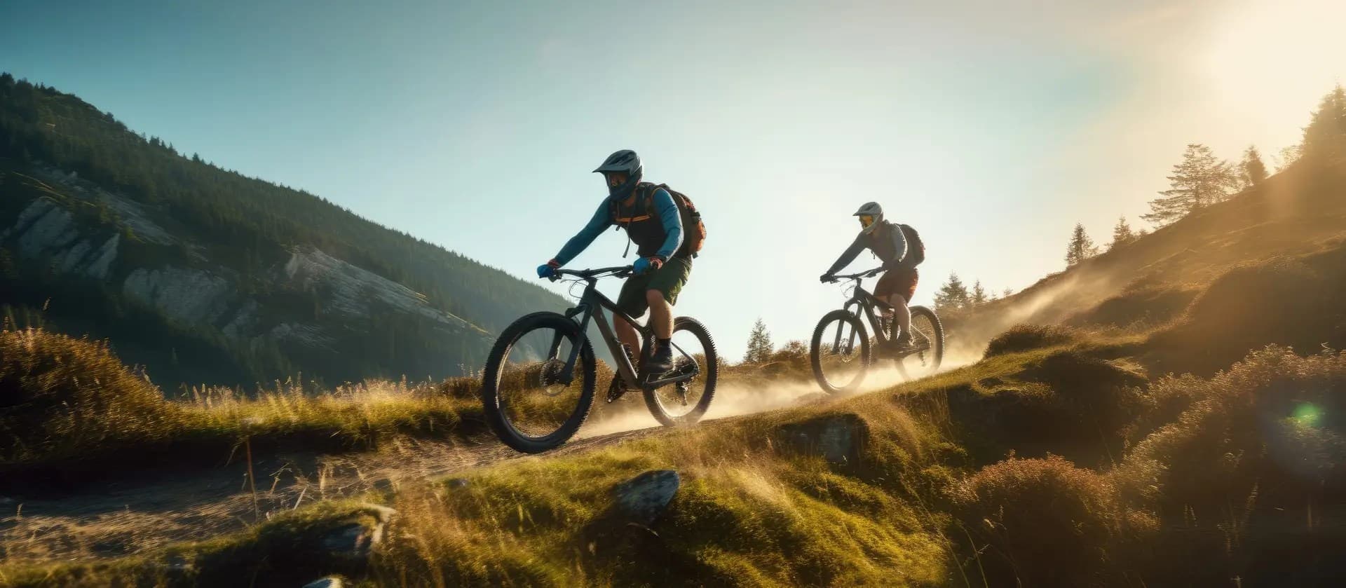 Två mountainbikecyklister i motljus på ett berg